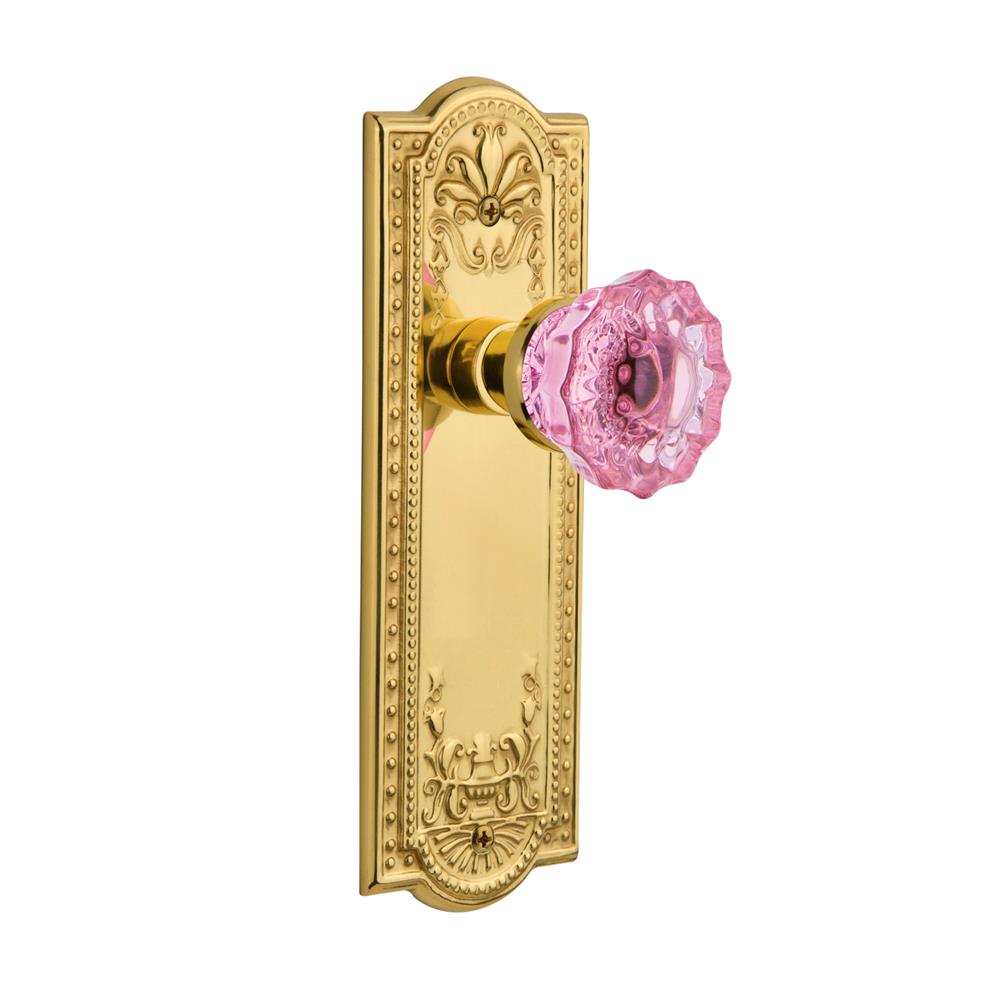 Nostalgic Warehouse MEACRP Colored Crystal Meadows Plate Passage Crystal Pink Glass Door Knob in Polished Brass